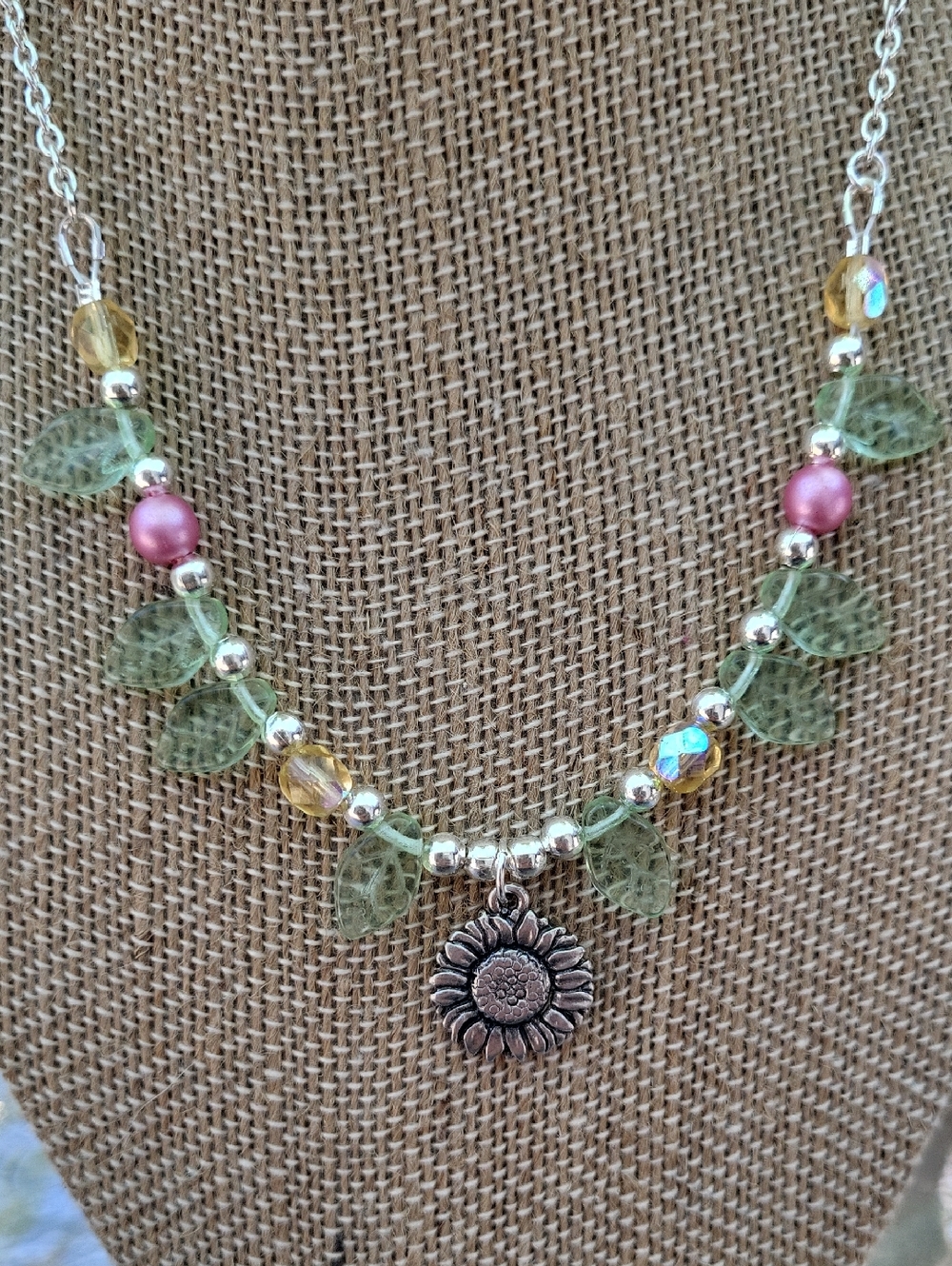 Handmade Green Leaf and Pink Czech Bead Sunflower Charm 16 Inch Necklace
